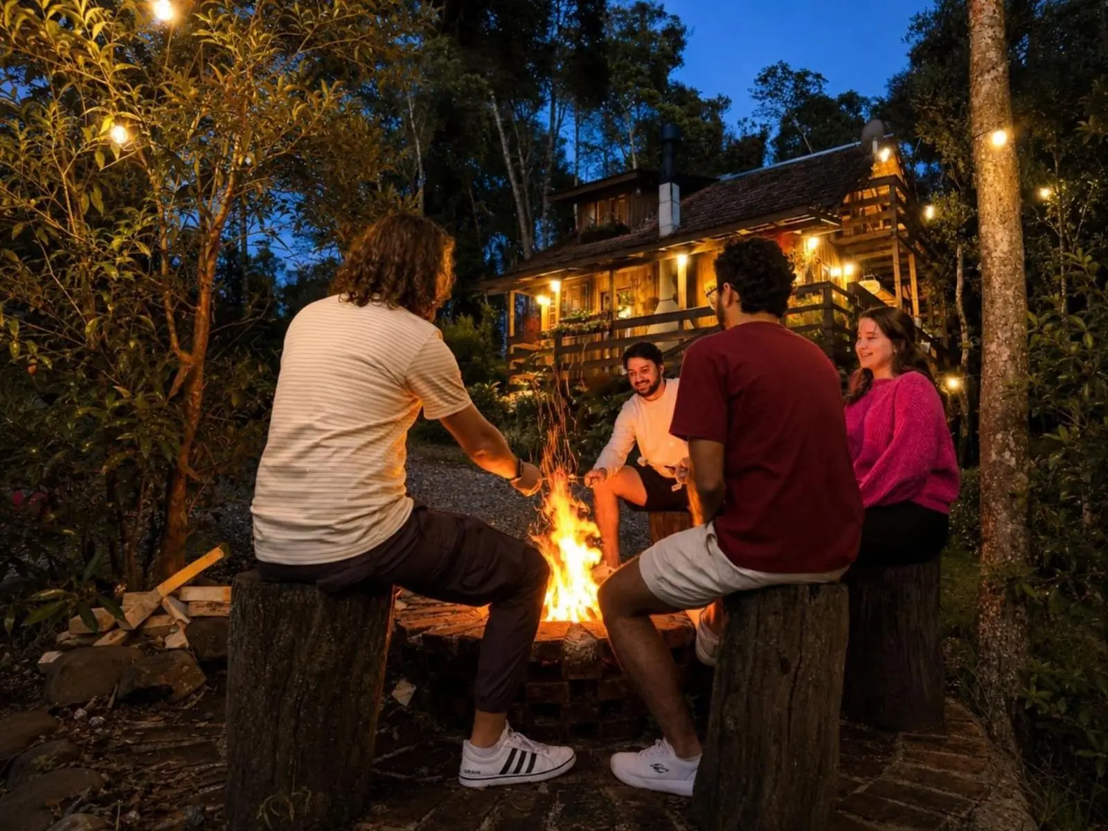 Amigos em volta do fogo de chão à noite