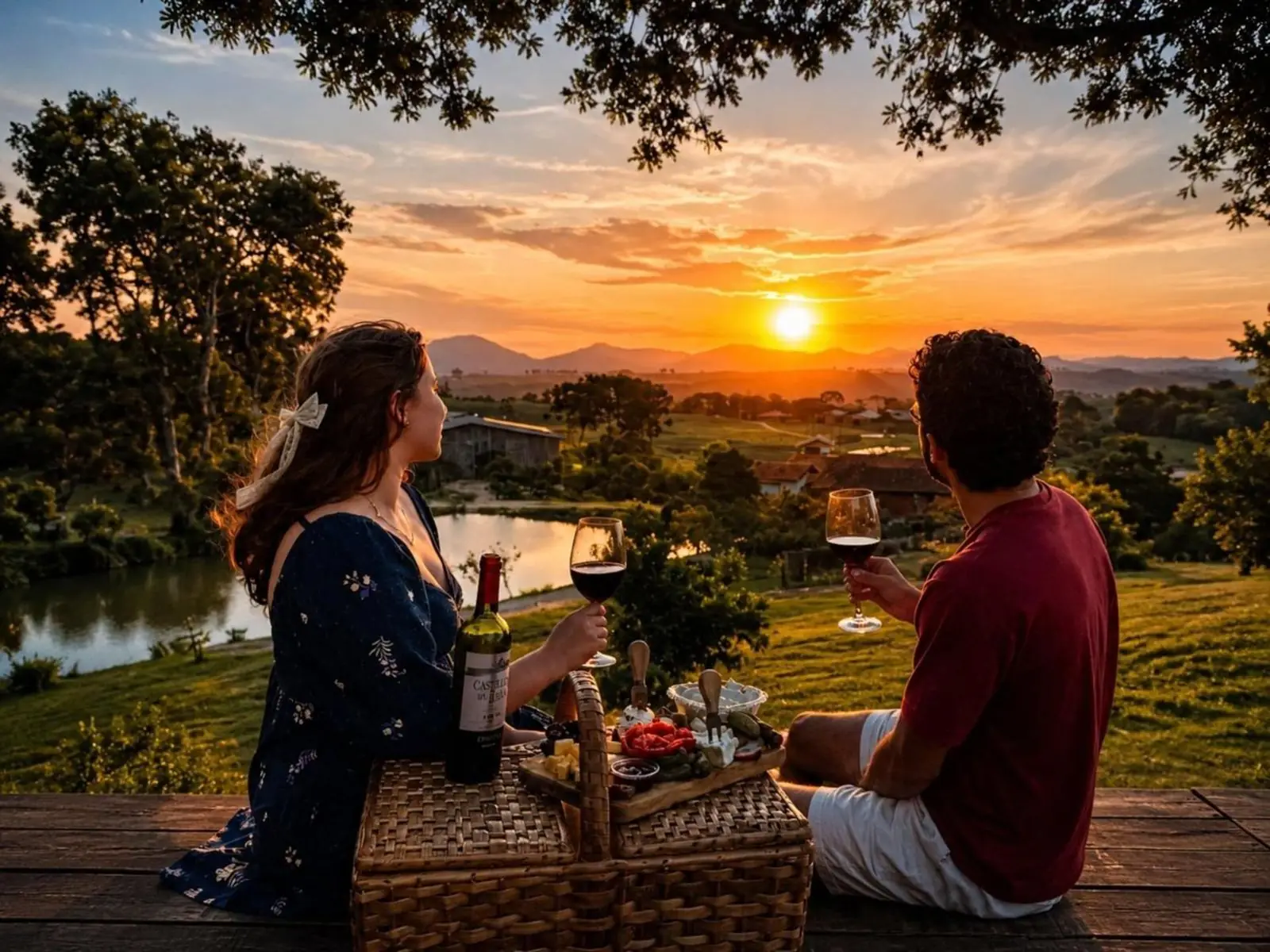 Casal brindando com vinho ao pôr do sol, com o lago do sítio e a serra ao fundo
