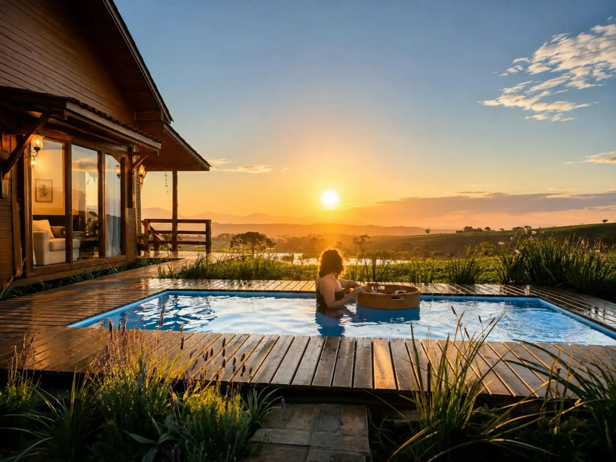 Hóspede na piscina aquecida da Gaia, com o sol se pondo sobre a serra